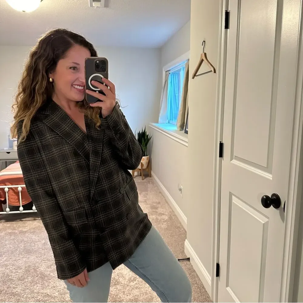 Theory Gray Plaid Wool Double Breasted Blazer Jacket 8
